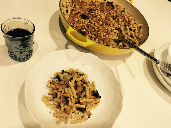 Butternut Squash Pasta With Radicchio, Lacinato Kale, and Pinenuts